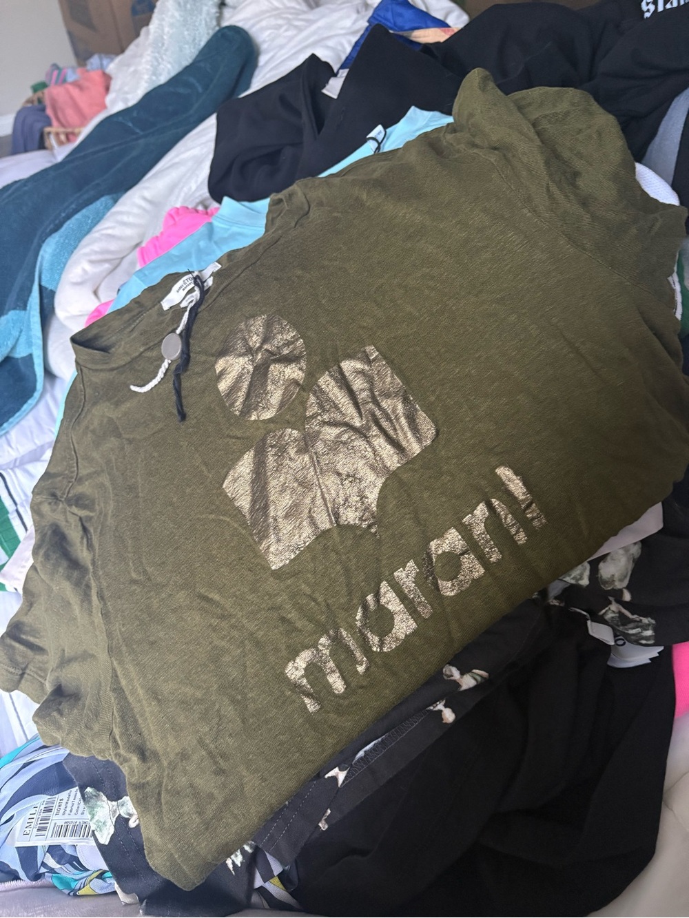 Isabel Marant Olive Graphic Tee with Metallic Print